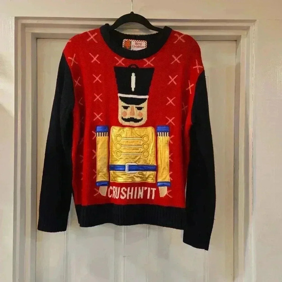 Ugly Christmas Sweater Crushin' It Nutcracker Sweater Red Womens Size Large - Picture 1 of 10